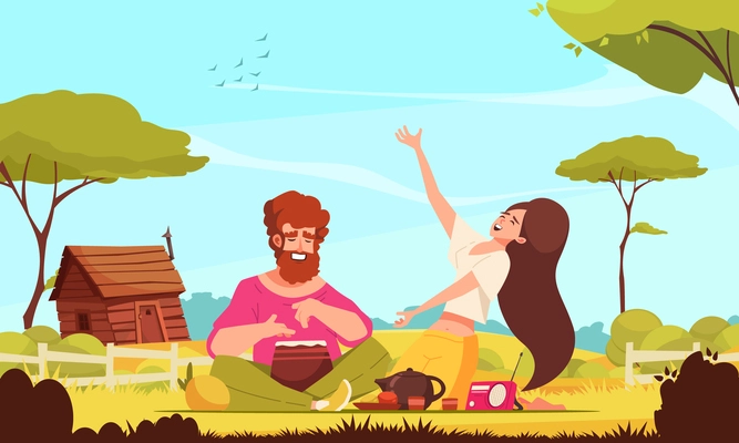 Picnic cartoon concept with happy couple having dinner outdoors vector illustration