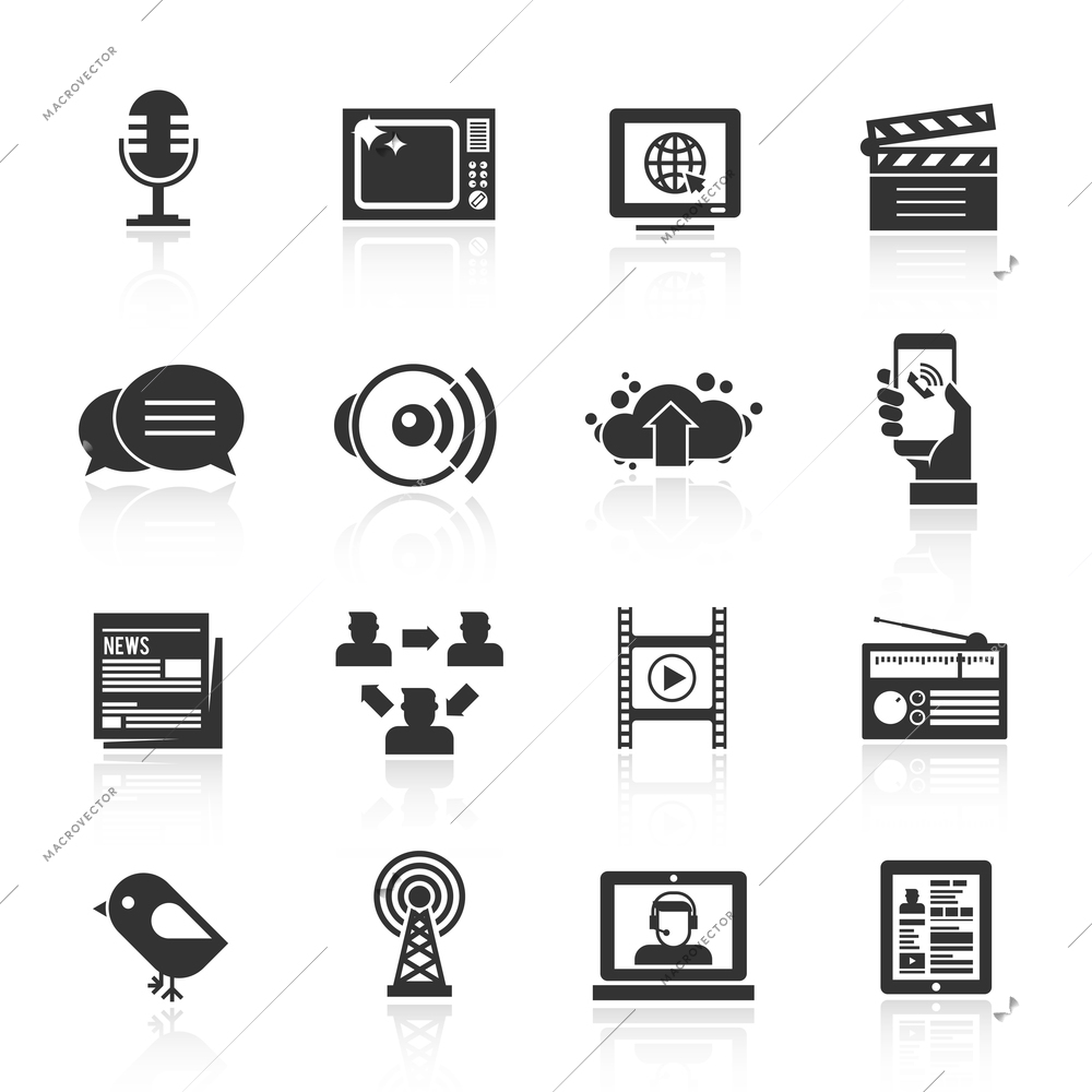 Media icons black set with microphone tv computer film isolated vector illustration