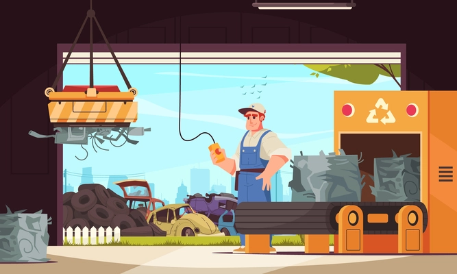 Car dump cartoon concept with worker operating auto crushing machine vector illustration