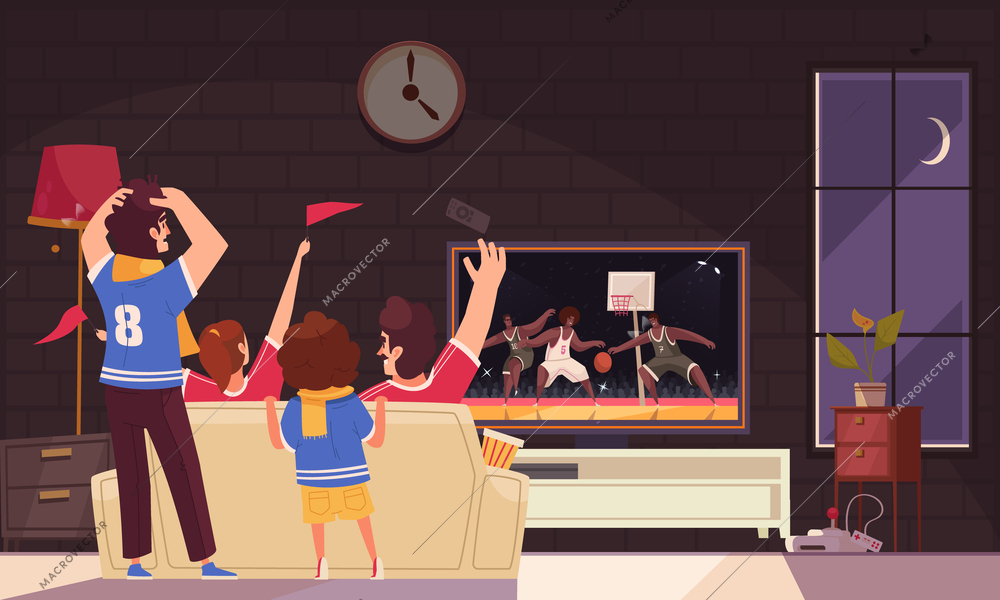 Sports fan cartoon composition with family watching basketball game on tv vector illustration