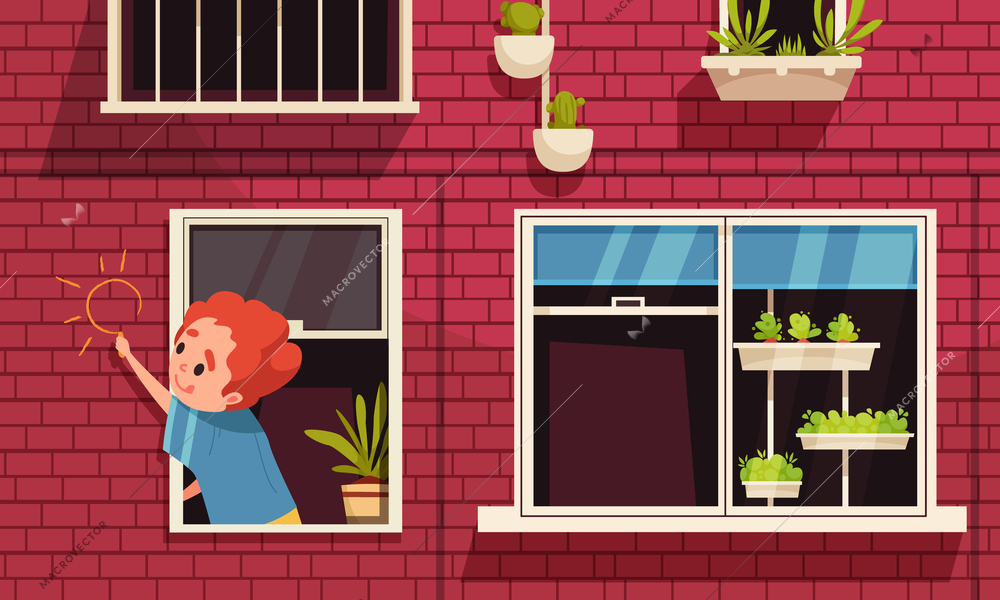 Kids danger cartoon composition with boy hang out of the window vector illustration