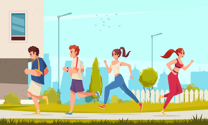 City runner cartoon concept with young people running outdoors vector illustration