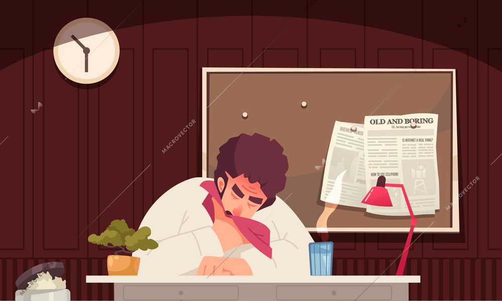 Flu cartoon concept with adult man sneezing on working place vecor illustration