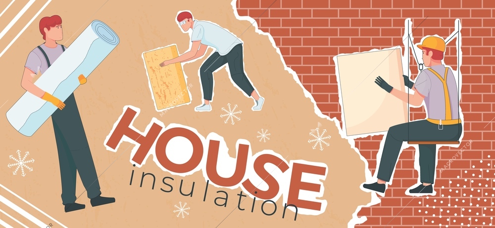 Thermal insulation composition with text and collage of flat images with handymen holding panels building supplies vector illustration