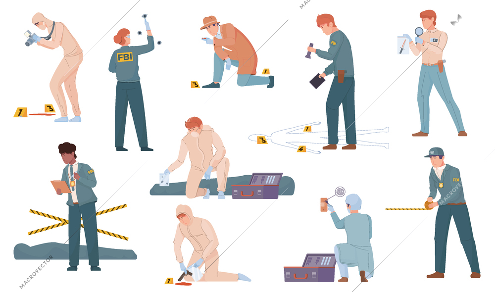 Crime scene criminal flat set of isolated human characters with police investigation crew members picking marks vector illustration