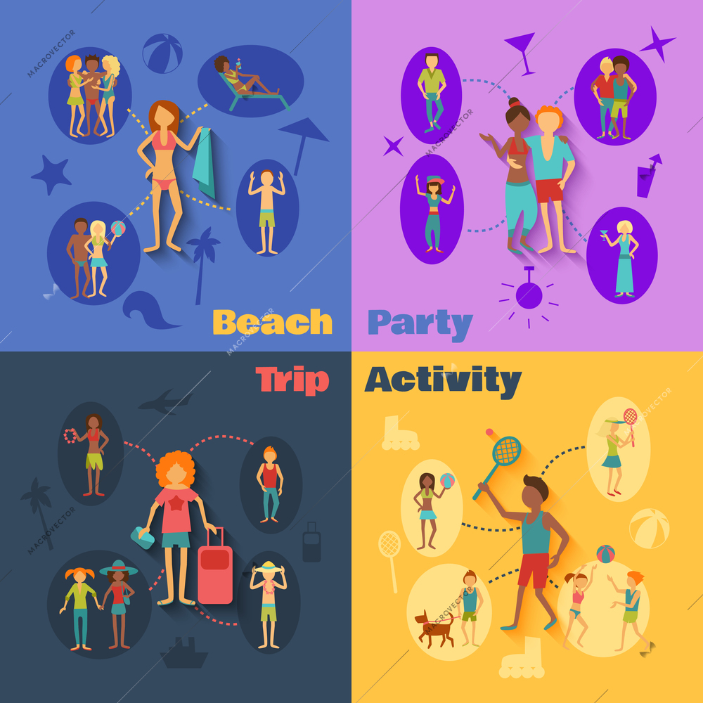 Vacation people design concept set with beach party trip activity flat icons isolated vector illustration