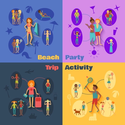 Vacation people design concept set with beach party trip activity flat icons isolated vector illustration