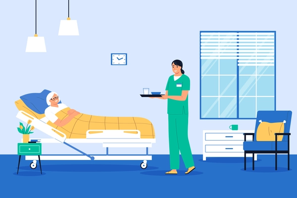 Nurse flat composition with medical professional treating patient in hospital vector illustration