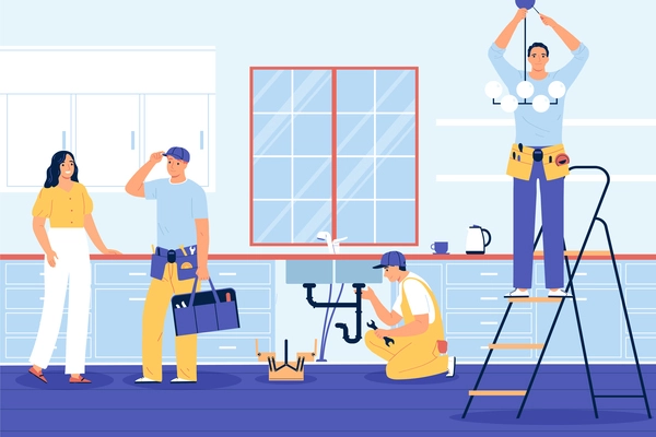 Home renomation flat composition with plumber fixing pipes vector illustration