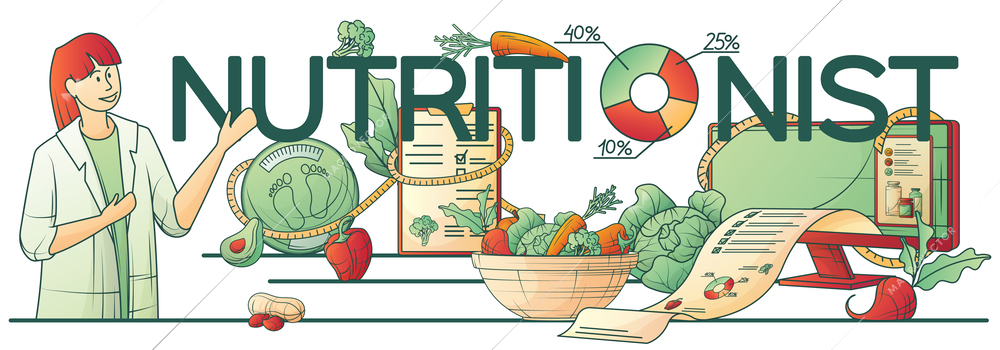 Nutritionist dietitian dietologist composition with text surrounded by ripe food scales radial chart and female doctor vector illustration