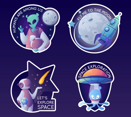Space cartoon emblems stickers set with isolated compositions of rocket spaceman and alien images with text vector illustration