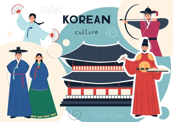 Royal family composition with collage of flat human characters in traditional costumes pagoda building and text vector illustration