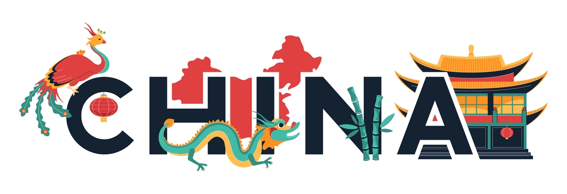 China symbol composition of flat text surrounded by icons of peacock dragon country border and pagoda vector illustration
