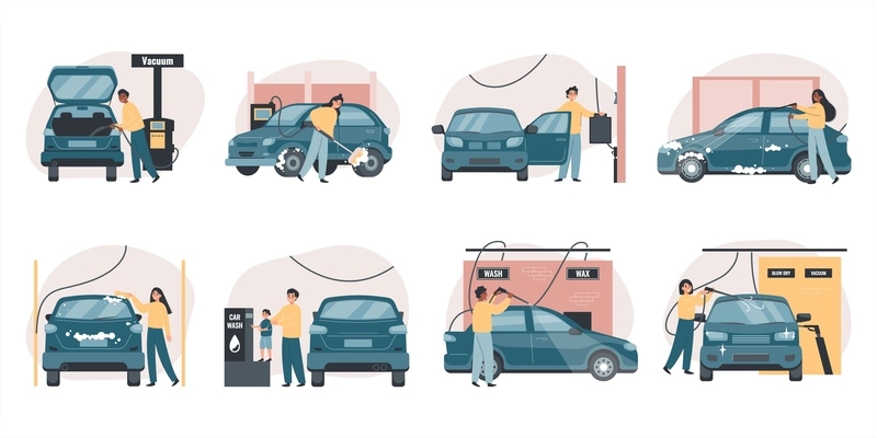 Self service car wash flat set of isolated compositions with views of owners cleaning their vehicles vector illustration