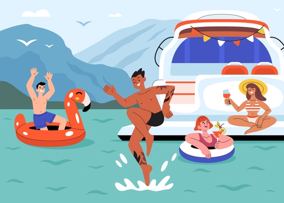 Yacht party flat composition with outdoor scenery of sea water bay with chilling friends drinking jumping vector illustration