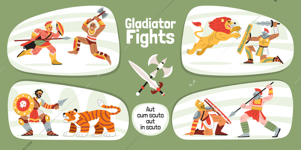 Gladiator fights flat infographic composition with editable text crossed axe and sword with characters of warriors vector illustration