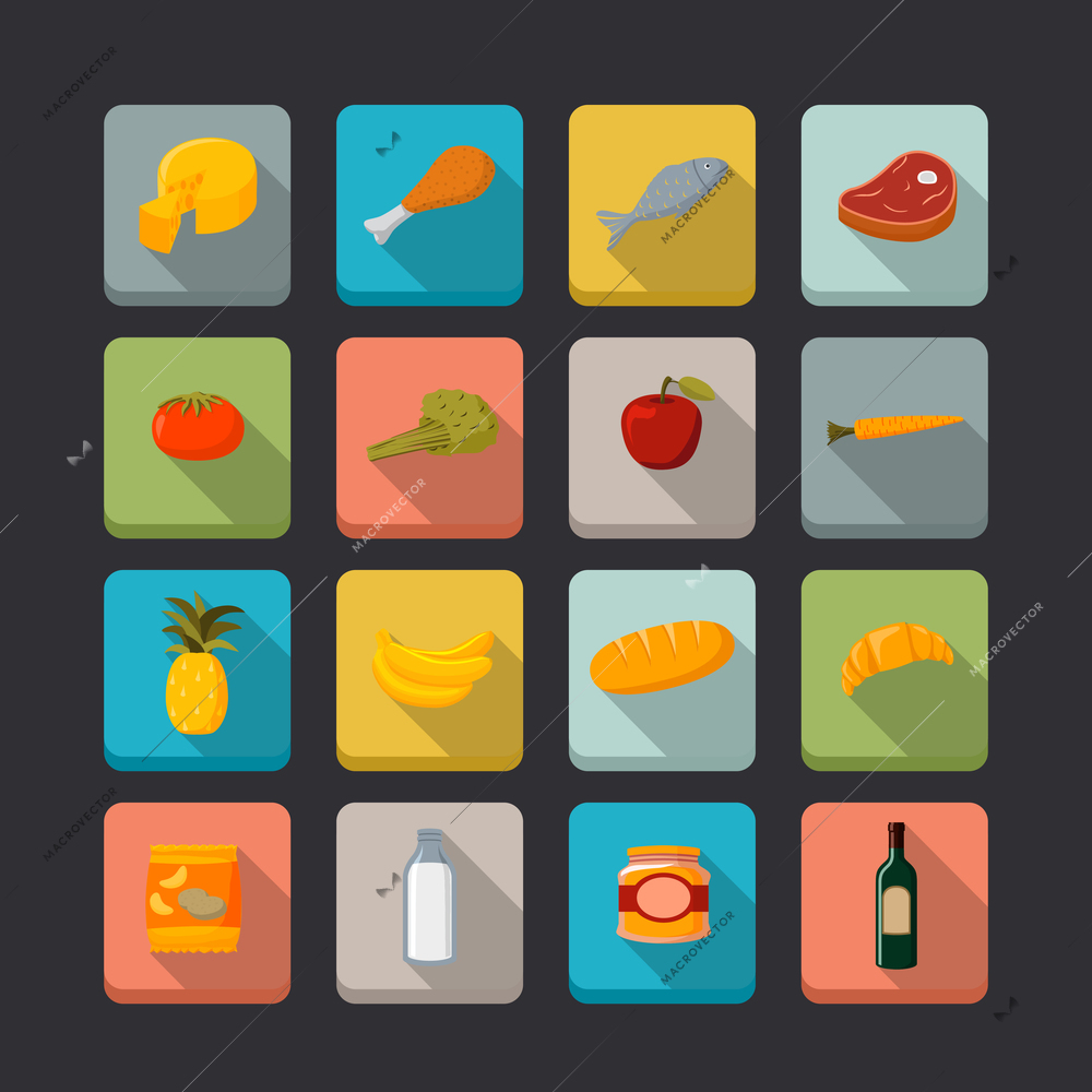 Supermarket foods icons set of fresh and natural vegetables fruits meat and fish isolated vector illustration