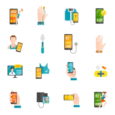 Digital health emergency medical consultation flat icons set isolated vector illustration