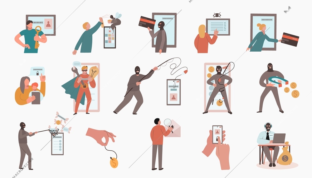 Social network security flat set of isolated icons with human characters of users and cyber criminals vector illustration