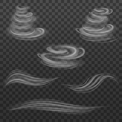 Wind swirls transparent set with vortex realistic isolated vector illustration