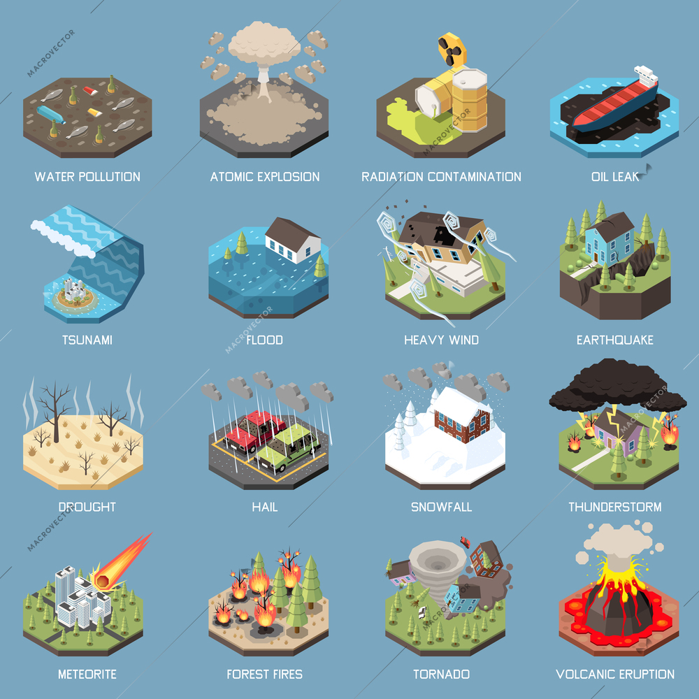 Natural and technological disaster isometric icons with climate change consequences and cataclysms isolated vector illustration