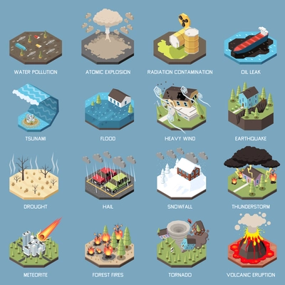 Natural and technological disaster isometric icons with climate change consequences and cataclysms isolated vector illustration