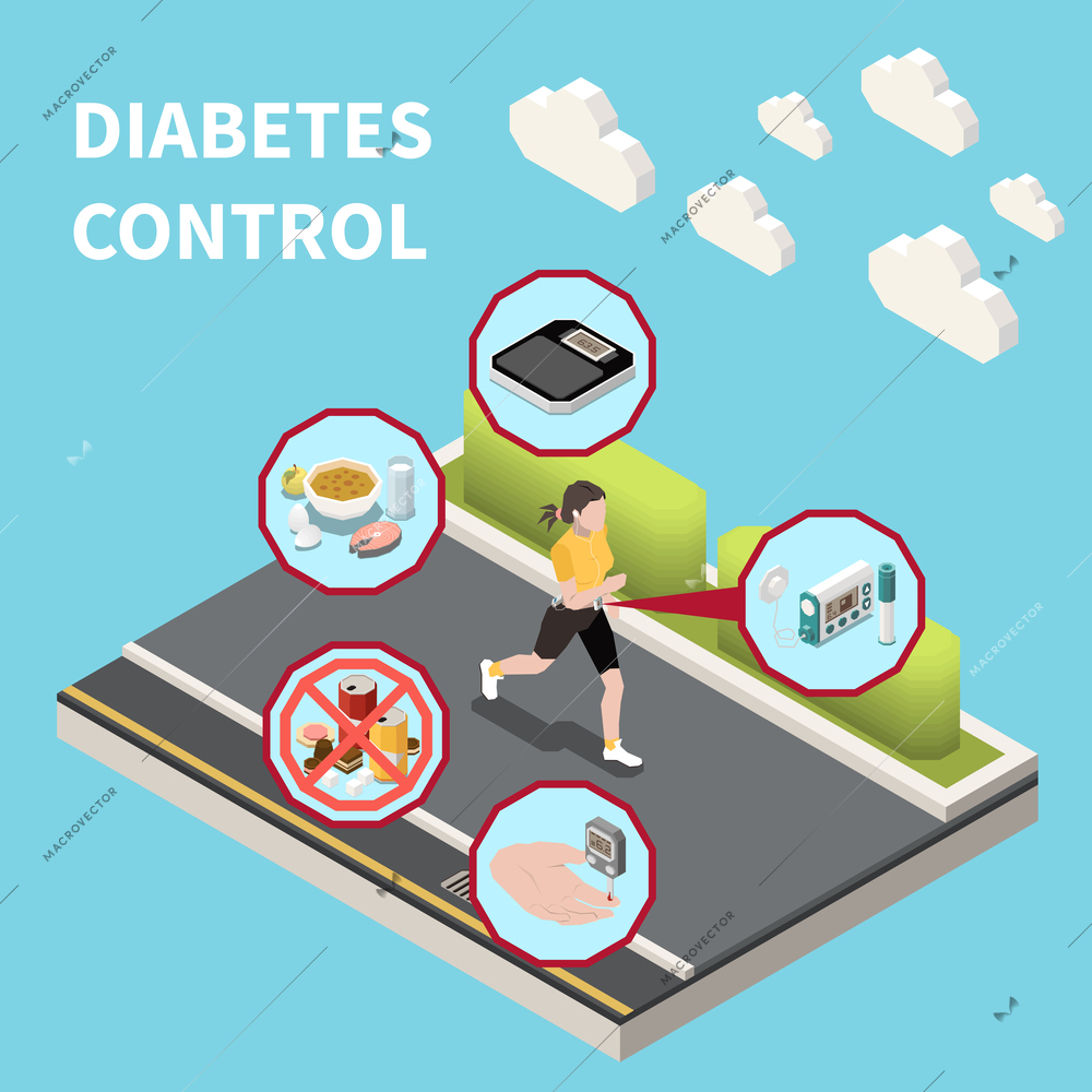 Diabetes control isometric concept with woman running outdoors vector illustration