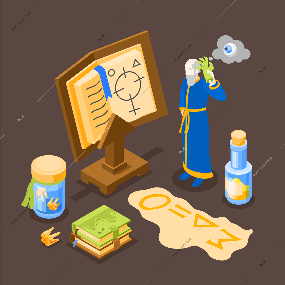 Alchemy isometric background with human character of alchemist and various tools for alchemical experiments 3d vector illustration