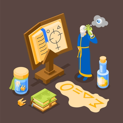 Alchemy isometric background with human character of alchemist and various tools for alchemical experiments 3d vector illustration