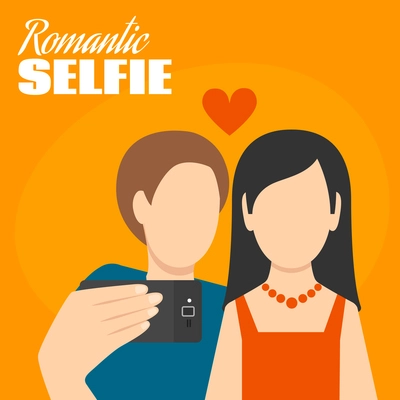 Romantic selfie poster with man and woman loving couple flat vector illustration