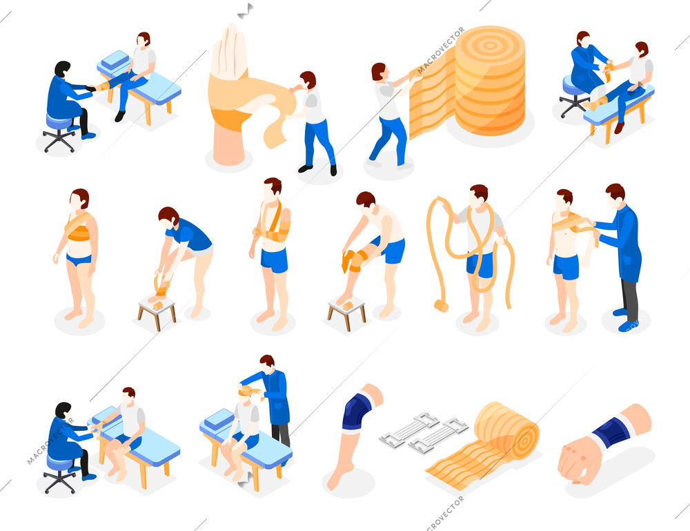 Elastic bandage application isometric icons set with human characters of patients and doctors isolated vector illustration