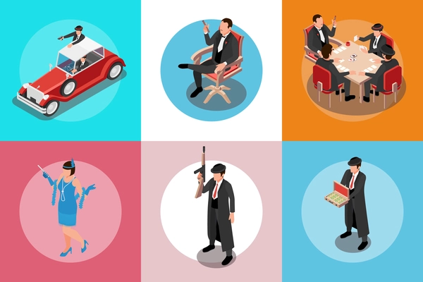 Mafia isometric concept set of six square compositions depicting people with guns and big money vector illustration