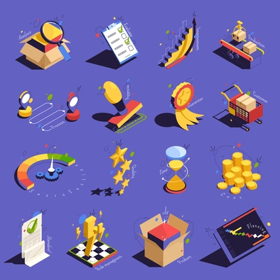 Product quality control isometric set of analysis cost evaluate approve certification guarantee isolated icons vector illustration