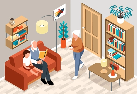 Isometric old people grandparents composition  elderly couple spending time with their grandson in their apartment vector illustration