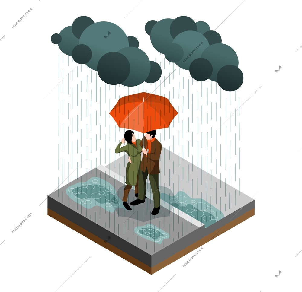 Isometric isolated storm weather concept couple hiding from the rain under a large umbrella vector illustration