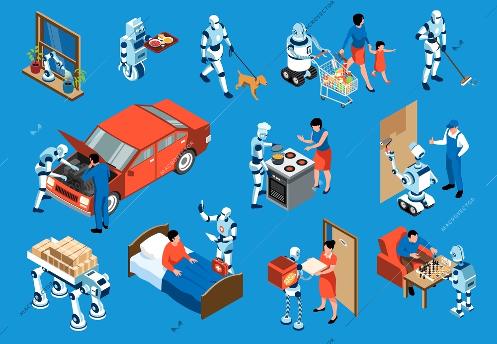 Isometric robot assistant set robots help humans in daily routine tasks and in specific complex work vector illustration