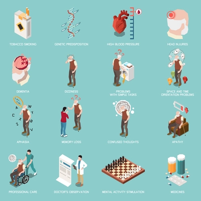 Dementia and alzheimer cognitive disorder isometric icons set isolated vector illustration