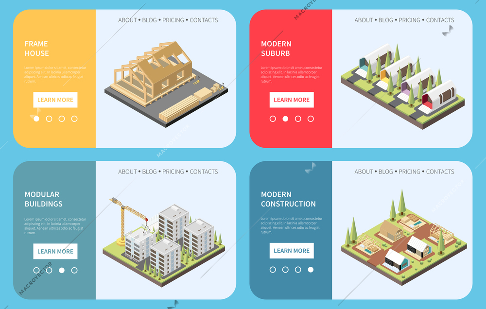 Modular frame building isometric banner set isolated vector illustration