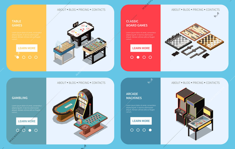 Indoor and table games isometric banner set with classic arcade machines isolated vector illustration