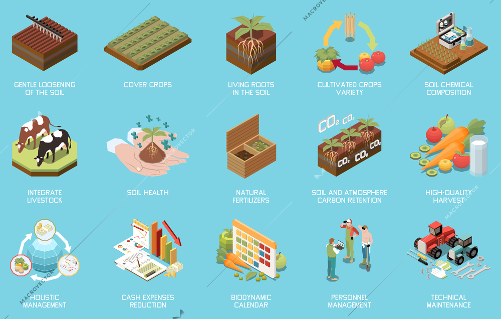 Regenerative agriculture isometric icons set with holistic permaculture management principles isolated vector illustration