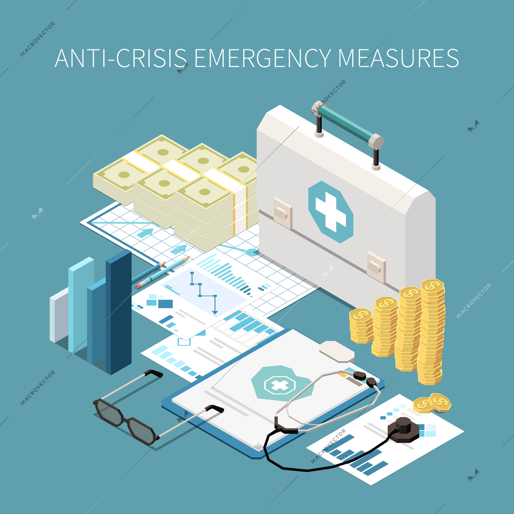 Crisis management isometric concept with financial safe kit for business vector illustration
