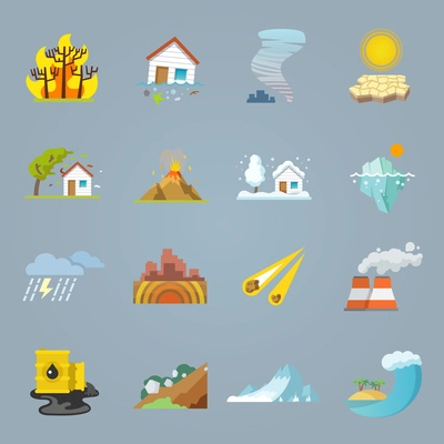 Natural disaster icons flat set with hurricane tornado forest fire isolated vector illustration