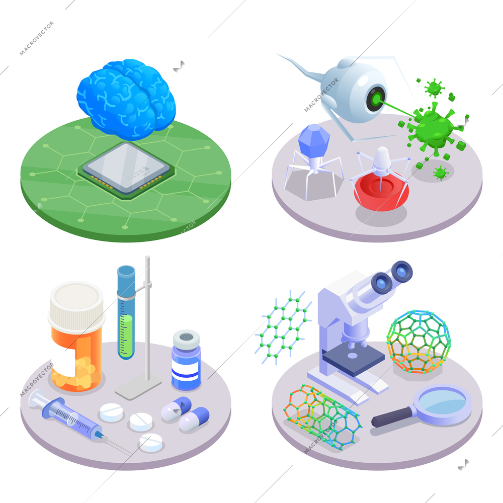 Nanotechnology nanomedicine isometric design concept with microchip nanorobots medication and nanotubes isolated 3d vector illustration