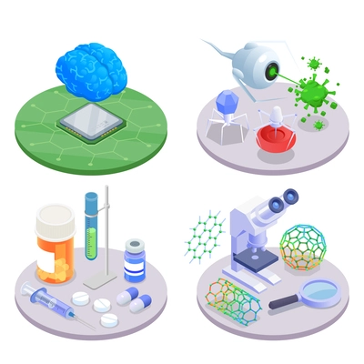 Nanotechnology nanomedicine isometric design concept with microchip nanorobots medication and nanotubes isolated 3d vector illustration