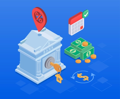 Mortgage isometric concept with bank building key to house banknotes and coins on blue background 3d vector illustration