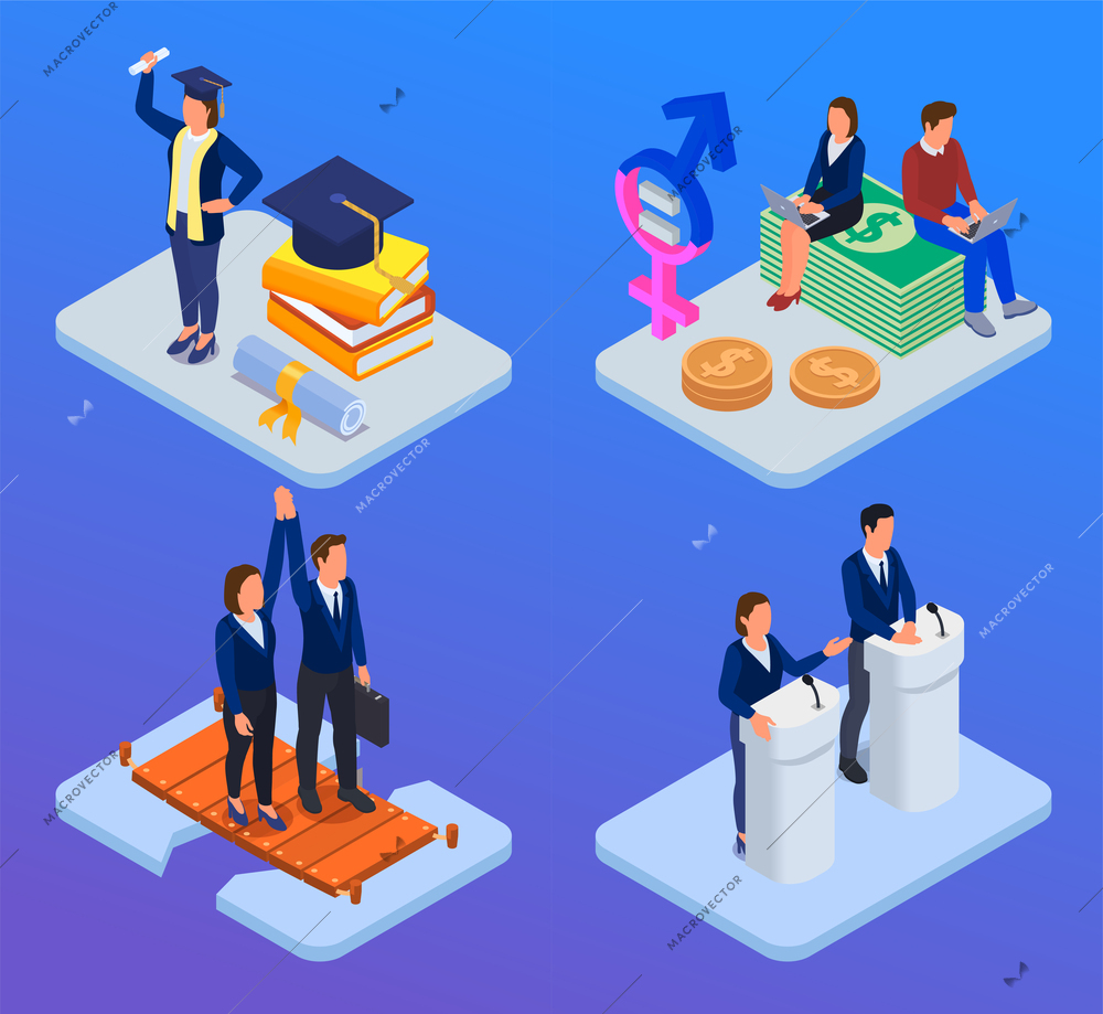 Gender equality isometric design concept with men and woman having equal opportunities in education job salary and politics isolated on blue background vector illustration