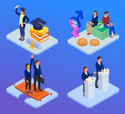 Gender equality isometric design concept with men and woman having equal opportunities in education job salary and politics isolated on blue background vector illustration