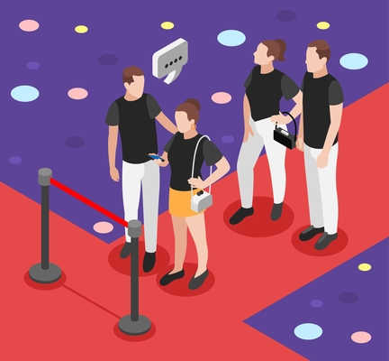 Queue isometric colored composition couple chatting while waiting their turn in a club or bar vector illustration