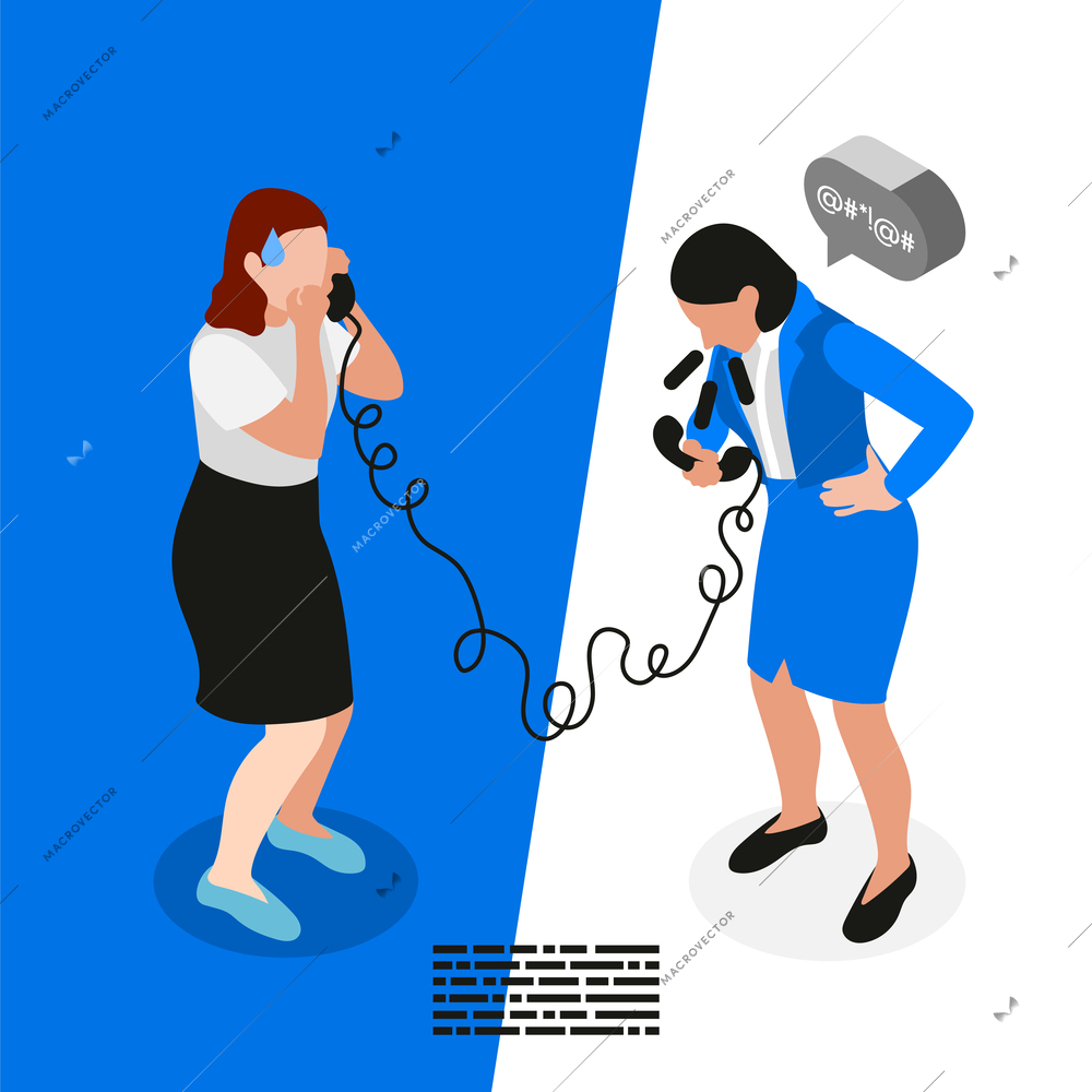 Bad boss isometric and colored concept boss scolds his subordinate over the phone vector illustration