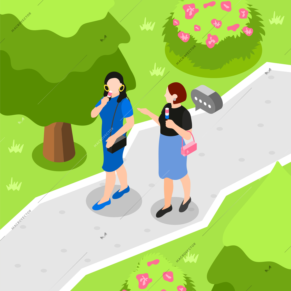 Female friends isometric and colored composition friends walking in the park chatting and eating ice cream vector illustration